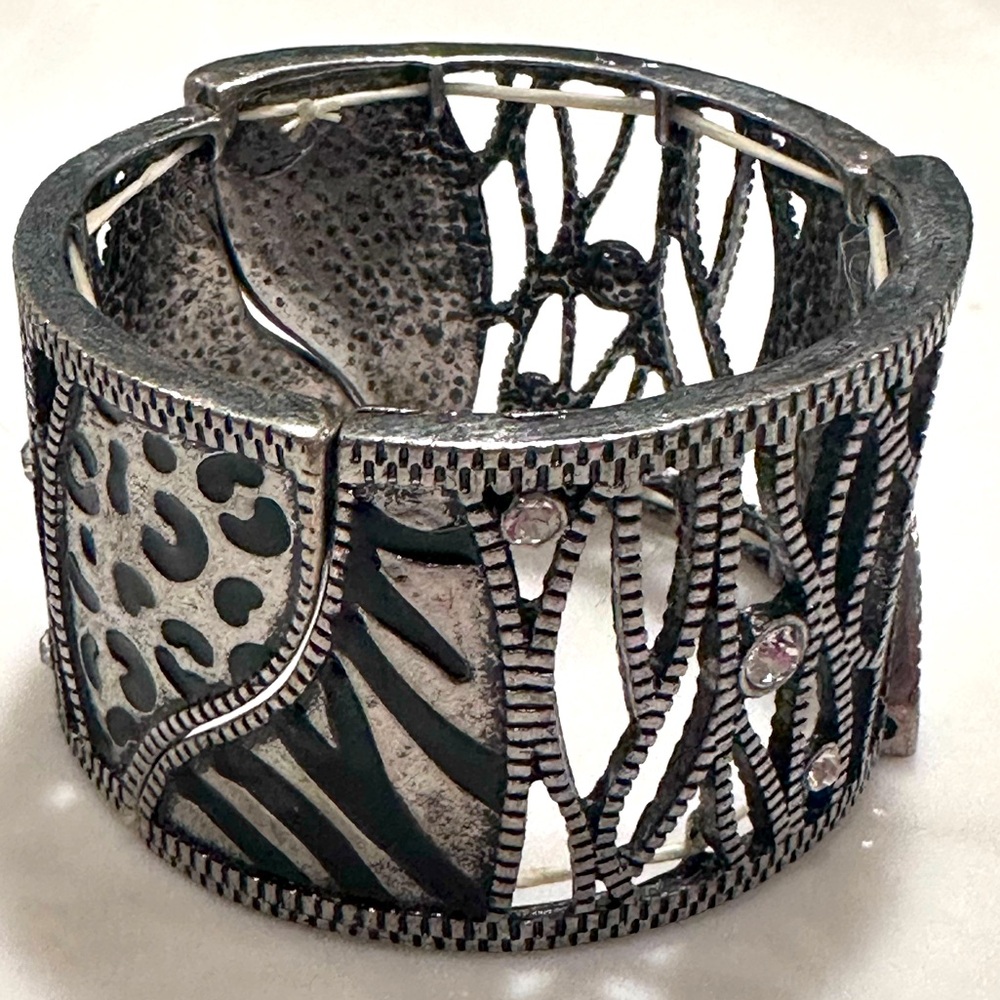 Silver & Black Animal Print Cutout Cuff Bracelet – Statement Wide Bangle